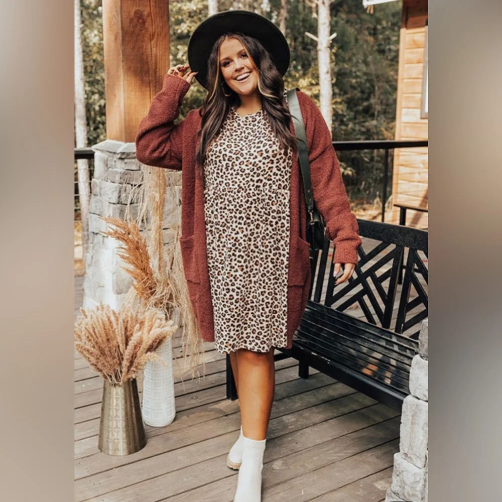 Leopard Plus Size Long Sleeve Midi Dress - Picture 2 of 5